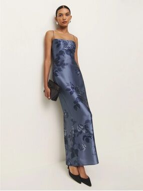 NWT Reformation Frankie Silk Maxi Dress Trieste Border Blue 2